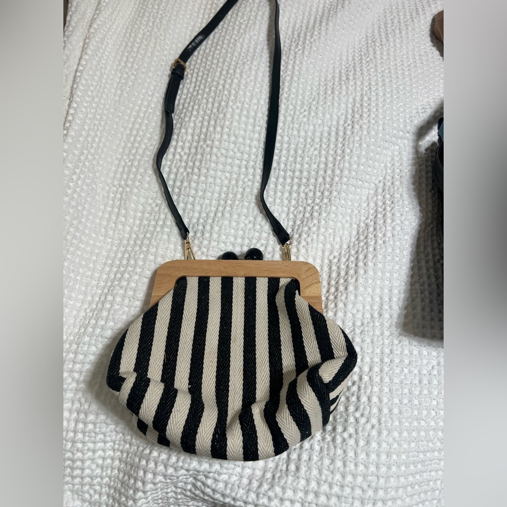 Striped Black and white Crossbody Bag with Wooden Frame